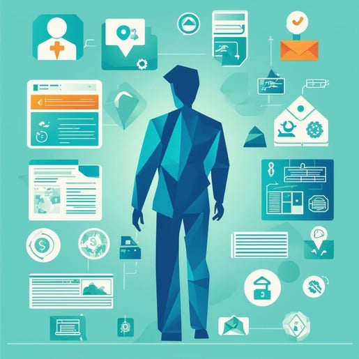 The image depicts a person reviewing various data types in a visually organized abstract graphic that outlines various categories of personal data col